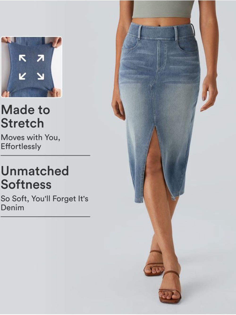 Sold - HALARA Light Gray Denim Midi Skirt with Subtle Fade